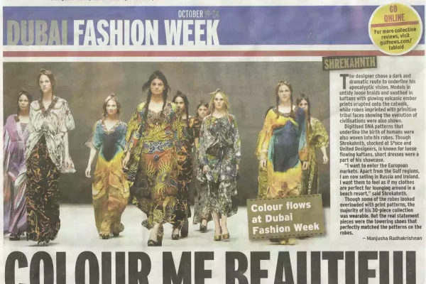 Runway models in digitally printed kaftans inspired by tribal, volcanic, and DNA motifs from Shrekahnth’s apocalyptic-themed collection at Dubai Fashion Week 2011.